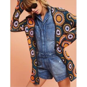 Anthropologie Moth Crochet Medallion Cardigan Multi Color Open Front Duster M/L